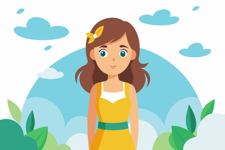 Cartoon of a woman in yellow dress with clouds and foliage.のイラスト素材