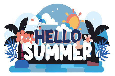 A vibrant graphic with the words Hello Summer amidst a tropical scene.のイラスト素材