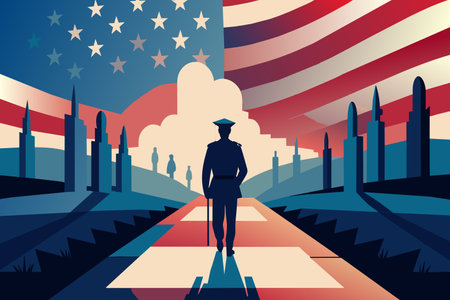 Silhouette of a soldier among graves with a patriotic backdrop.のイラスト素材