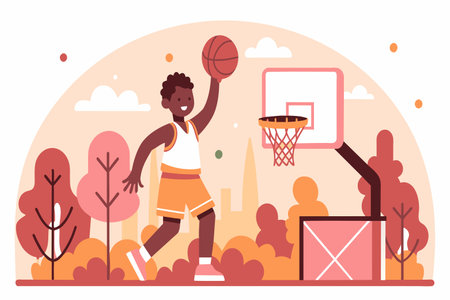 A basketball player makes a shot with an audience watching at dusk.のイラスト素材