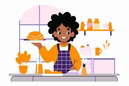 Cartoon chef holds a plate of pancakes in a sunny kitchen setting.のイラスト素材