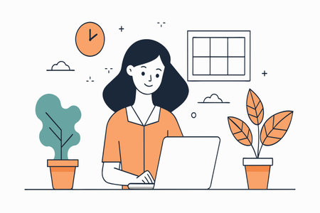 Woman focused on laptop working with indoor plants.のイラスト素材