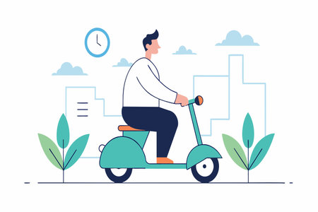 Casual ride through the city on a scooter, with clear skies.のイラスト素材