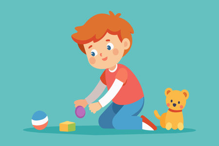 A child enjoys playtime with colorful toys and stuffed animals.のイラスト素材