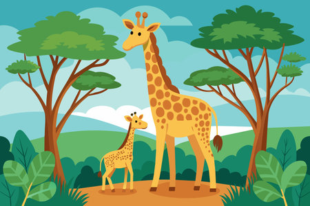 A serene moment as a giraffe and its calf stand amid vibrant greenery.のイラスト素材