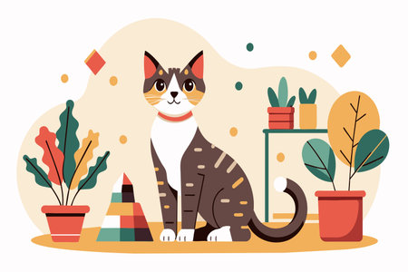 A spotted calico cat sits attentively next to houseplants and a striped cone.のイラスト素材