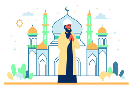 A serene illustration of a man praying at sunset outside a beautiful mosque.のイラスト素材