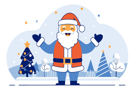 Santa greeting joyfully with a Christmas tree and snowflakes around.のイラスト素材