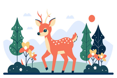 A cartoon deer surrounded by plants against a backdrop of mountains and sun.のイラスト素材