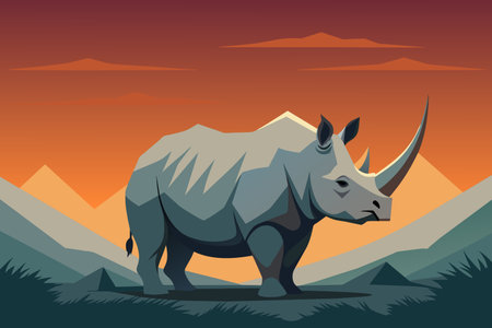 A solitary rhino stands at dusk with mountains and orange sky behind.のイラスト素材