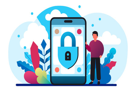 A person beside an oversized phone highlighting cybersecurity.のイラスト素材
