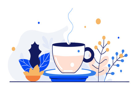 A stylized cup of coffee amidst abstract decor emits a warm steam.のイラスト素材