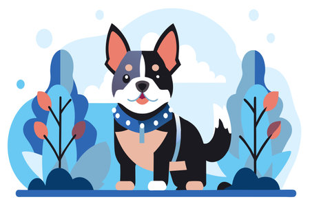 A stylized cartoon of a cheerful dog wearing a blue collar, surrounded by plants.のイラスト素材