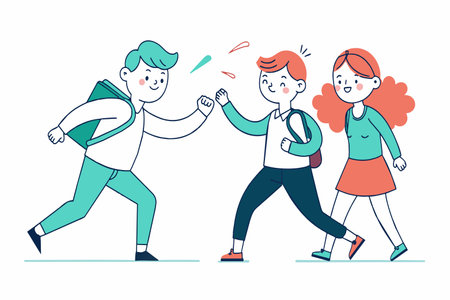 Two friends share a high five as they pass in a school corridor.のイラスト素材