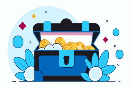 A treasure chest filled with gold coins sits open, surrounded by whimsical blue leaves.のイラスト素材