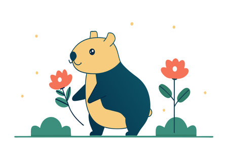 A cute animated wombat enjoying nature with a freshly picked flower.のイラスト素材