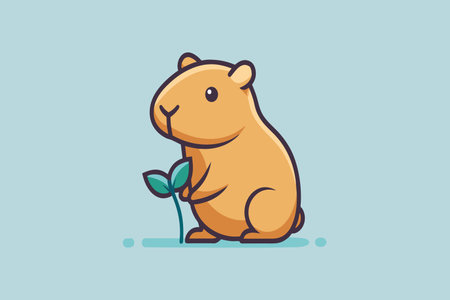Animated beige hamster standing upright with a leaf in its paws.のイラスト素材