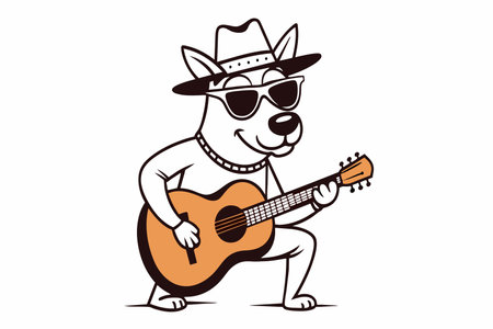 A stylized dog cartoon strums a guitar, sporting shades and a fedora.のイラスト素材