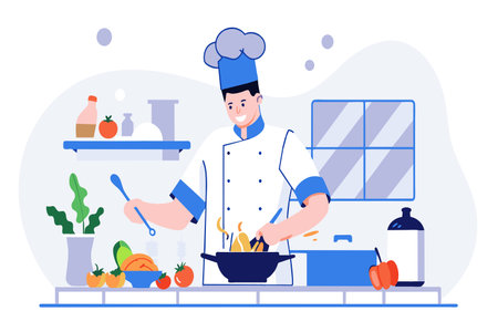 Chef in uniform cooking in a clean kitchen with fresh ingredients.のイラスト素材
