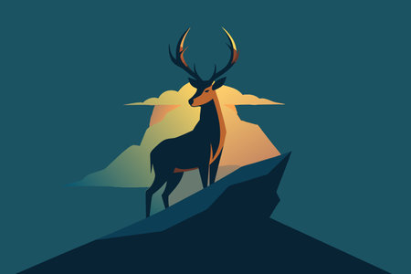 Stag silhouetted against a sunset, with mountains and clouds in the background.のイラスト素材