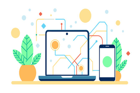 Vibrant digital analytics concept with graphics on devices and plant decor.のイラスト素材