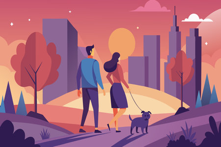 A couple takes a leisurely stroll with their pet dog amidst the warm glow of sunset in an autumnal city setting.のイラスト素材