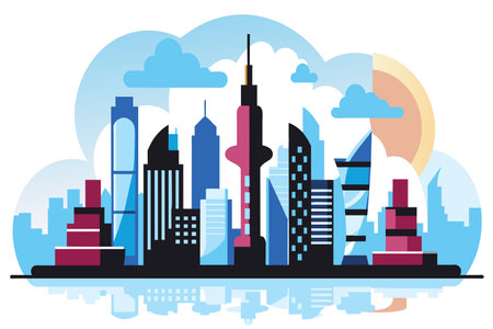 Stylized cityscape with skyscrapers at sunset, featuring vibrant colors.のイラスト素材