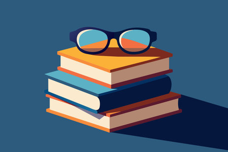 A neat pile of books topped with a pair of glasses.のイラスト素材