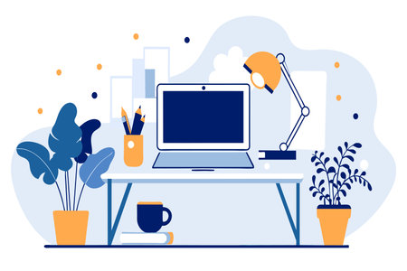 A neat workspace with a laptop, lamp, and potted plants.のイラスト素材