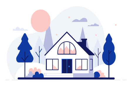 Cartoon house with trees under a sunset sky.のイラスト素材