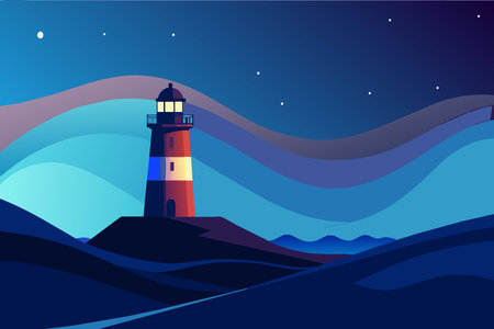 Lighthouse beams light into the night atop a seaside hill against a star-dotted sky.のイラスト素材