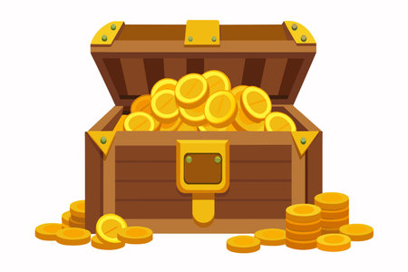 A wooden chest brimming with golden coins suggests hidden pirate bounty.のイラスト素材