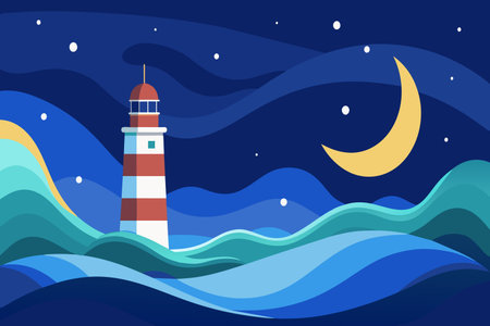 Lighthouse stands tall by night against a backdrop of ocean waves and a crescent moon.のイラスト素材