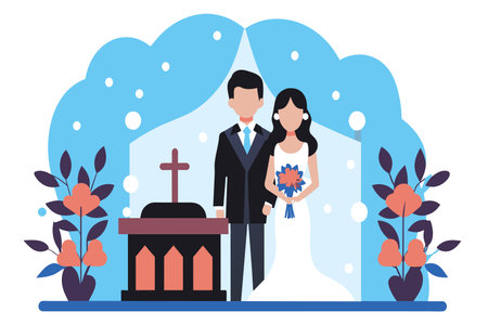 Newlyweds by the altar with floral decorations, sharing a special moment.のイラスト素材