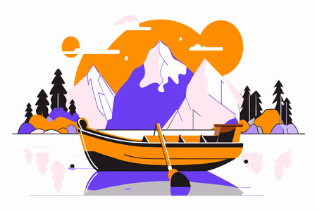 A calm evening by a mountain lake with a canoe waiting by the water.のイラスト素材