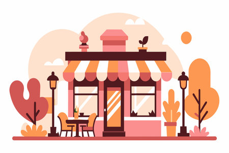 Sunset bathes a small cafe in warm light, highlighting its quaint outdoor setting.のイラスト素材
