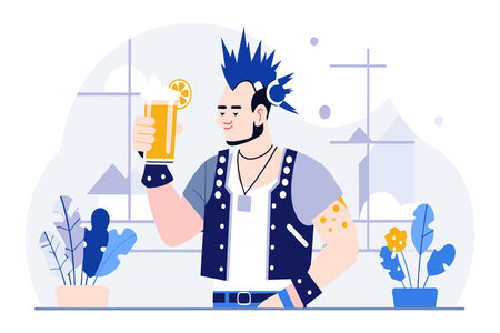 A man with a mohawk hairstyle holding a beer bottle in his hand.のイラスト素材
