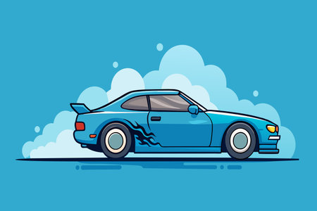 Blue car with a broken hood against a blue background.のイラスト素材
