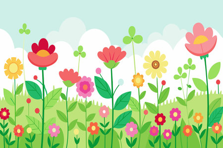 A variety of colorful flowers bloom in a lush spring garden setting.のイラスト素材