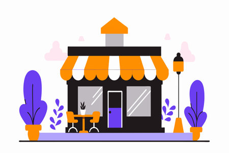 A quaint cafe featuring outdoor seating under a warm orange awning.のイラスト素材