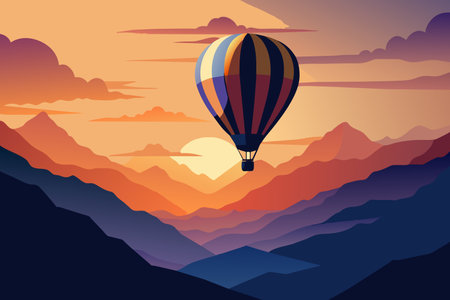 A hot air balloon soars over a tranquil mountainous landscape bathed in sunset hues.のイラスト素材