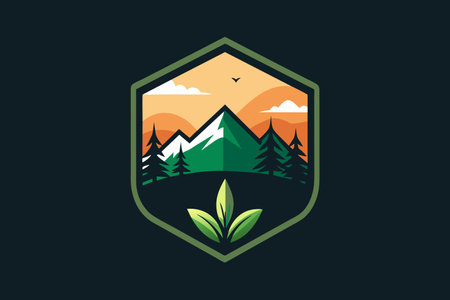 A badge featuring trees and mountains in the background.のイラスト素材