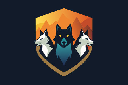 Stylized emblem featuring three wolves in front of mountain peaks.のイラスト素材