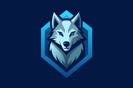 A stylized wolfs face set within a hexagonal frame, designed with blue tones.