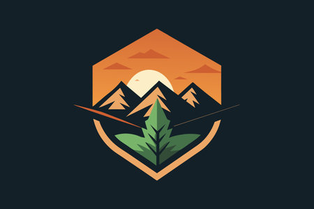 Stylized shield badge with mountain peaks, forest, and sunrise.のイラスト素材