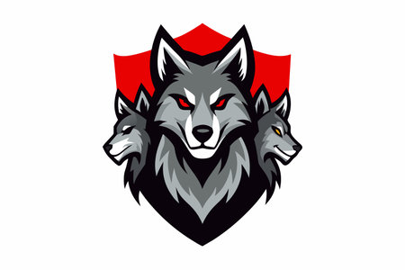 Stylized wolf emblem with two profiles and a central face on a shield.のイラスト素材