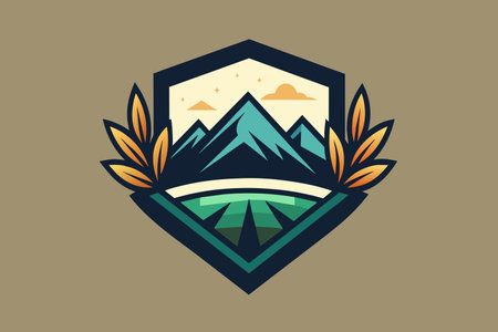 Stylized emblem of a mountain peak encircled by laurel leaves.のイラスト素材
