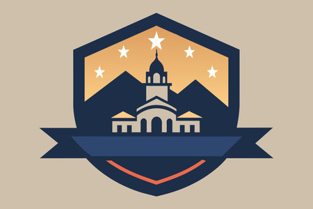Stylized shield emblem with a building, stars, and mountain silhouette.のイラスト素材