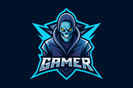 Blue-faced cloaked figure with glowing eyes radiates a competitive gaming vibe.のイラスト素材