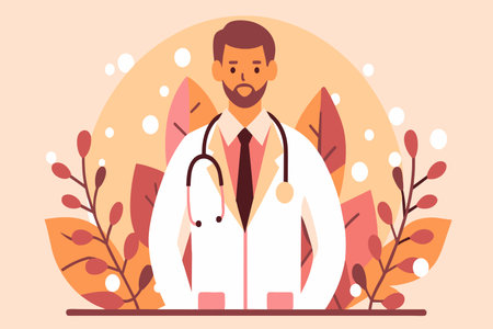 A male doctor stands proudly with a stethoscope around his neck.のイラスト素材
